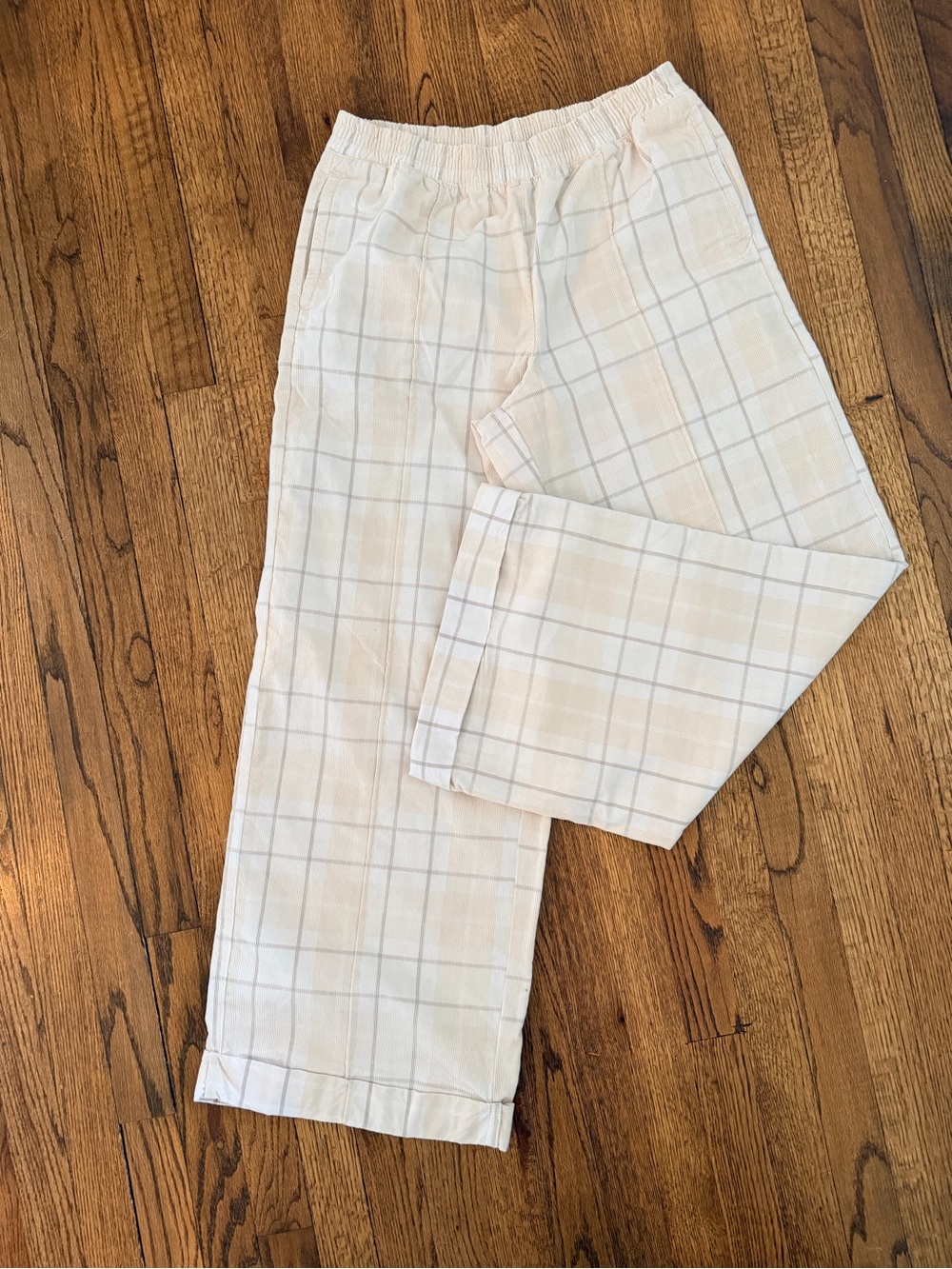 Offlline by Aerie Women's Plaid Pull On Corduroy Trousers Light Beige / White